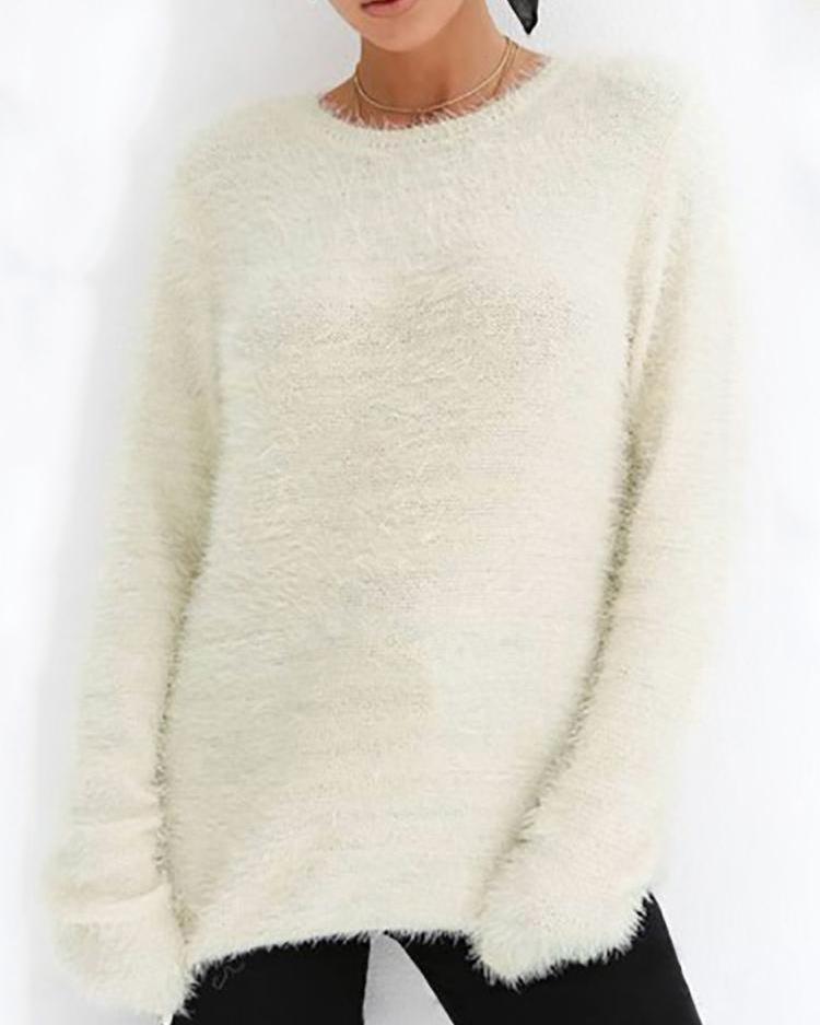 

Solid Fluffy Round Neck Long Sleeve Sweaters, White