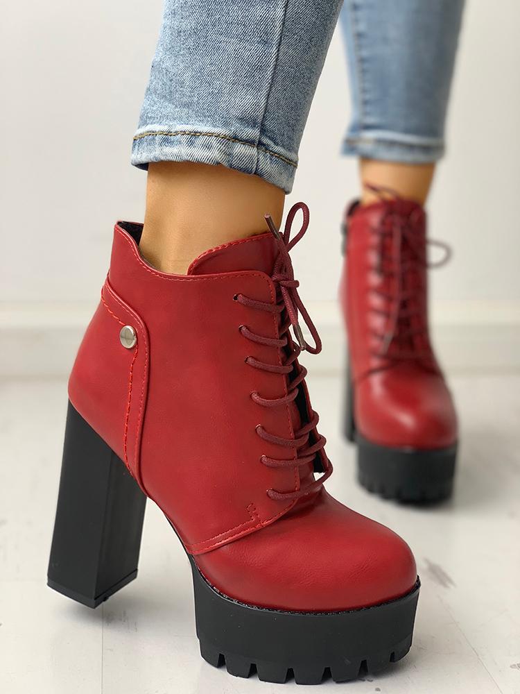 

PU Platform Lace-Up Chunky Heeled Boots, Red