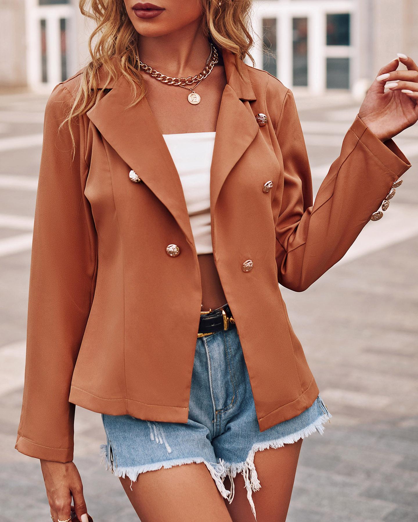 

Double Breasted Long Sleeve Solid Blazer, Khaki