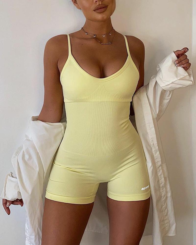 

Solid Spaghetti Strap Slim Fit Romper, Yellow