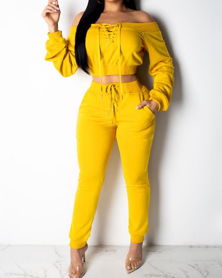 

Off Shoulder Lace-Up Top & Pant Sets, Yellow