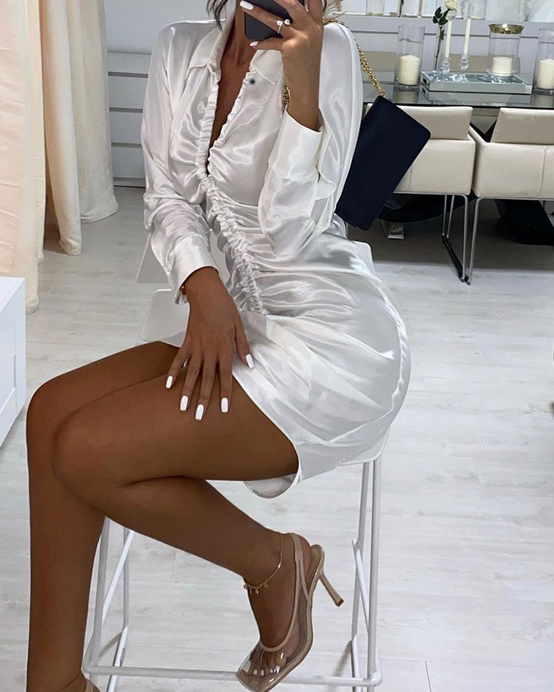 

Satin Drawstring Ruched Shirt Dress, White