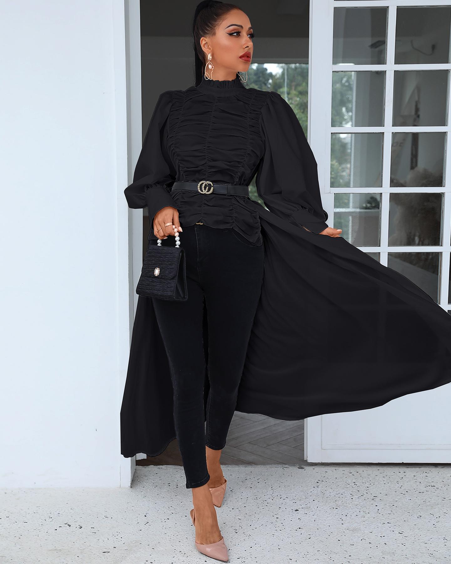 

Plain Ruched Puffed Sleeve Irregular Top, Black