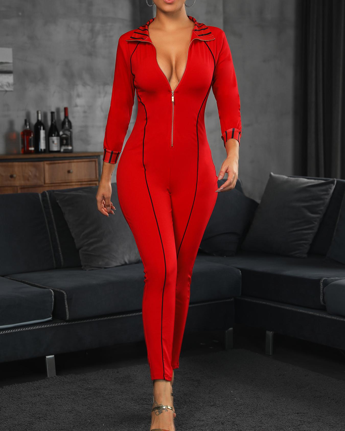 

Contrast Piping Zipper Design Jumpsuit, Red