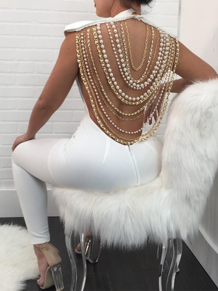 

Sexy Open Back Beading Embellished Jumpsuits, White