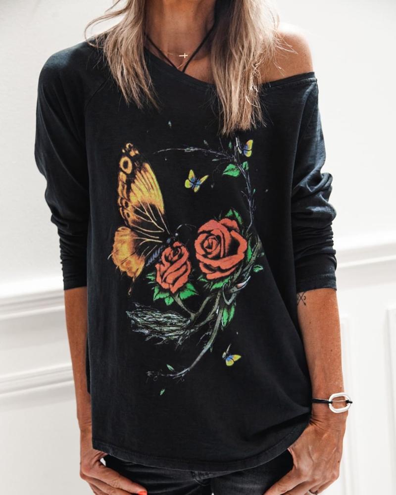 

Floral Butterfly Print Casual Blouse, Black