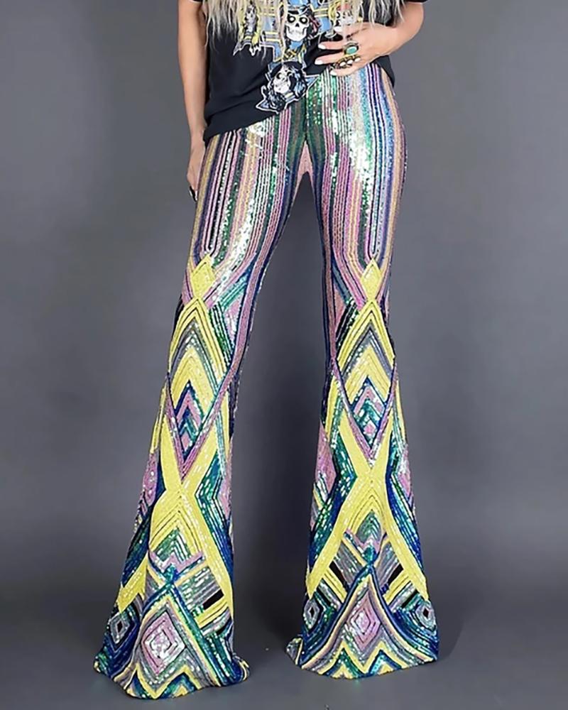 

Glitter High Waist Colorblock Bell-bottomed Sequins Pants, Multicolor