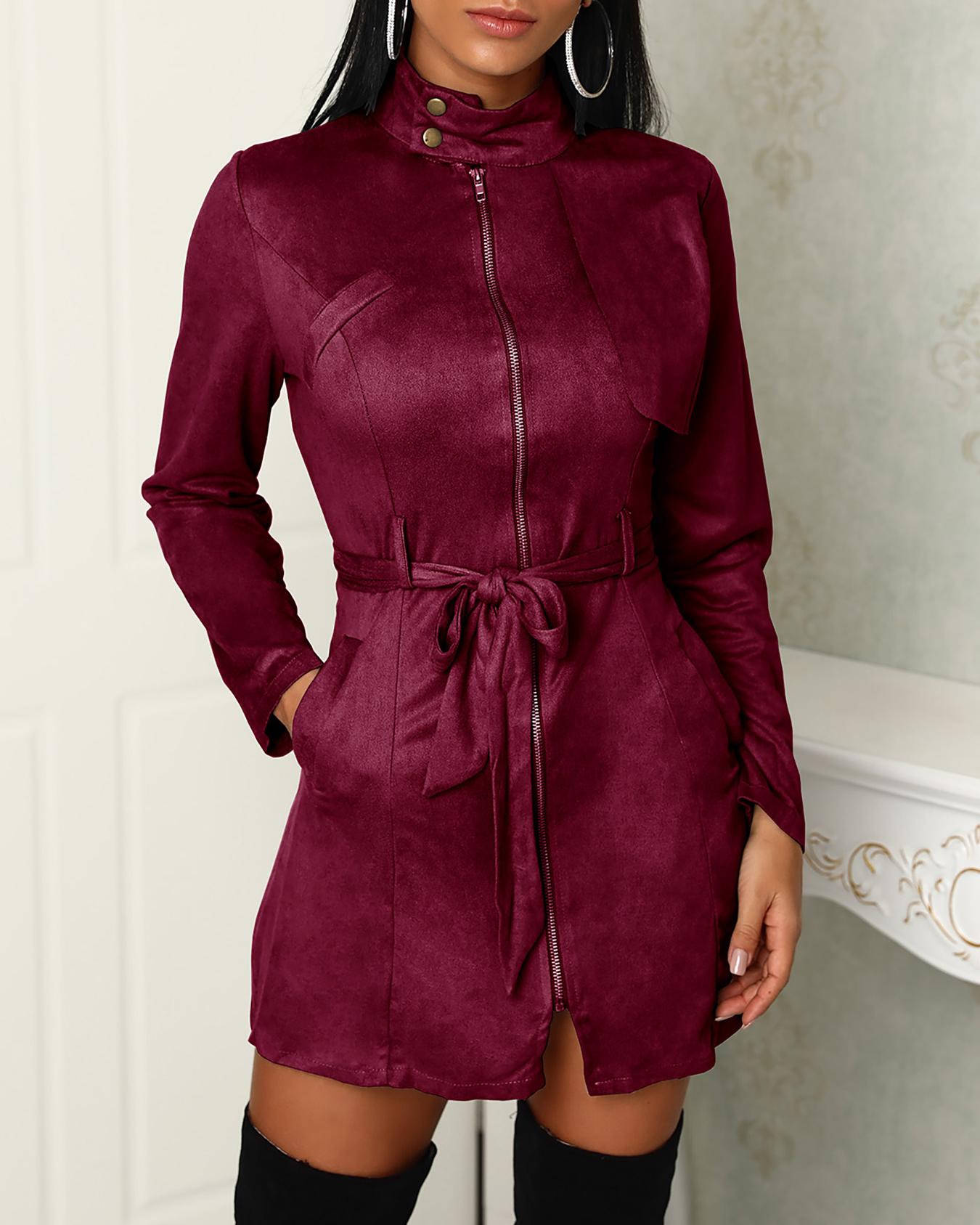 

Zipper Front Pocket Design Belted Dress, Wine red