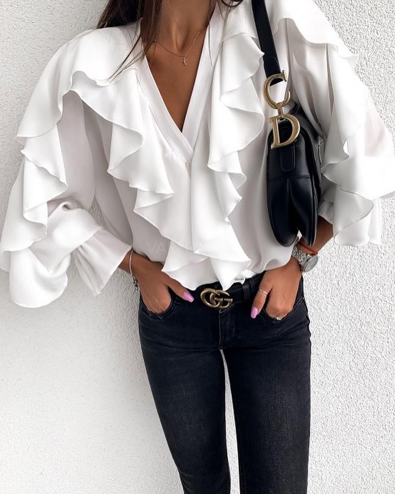 

V Neck Drape Ruffle Top, White
