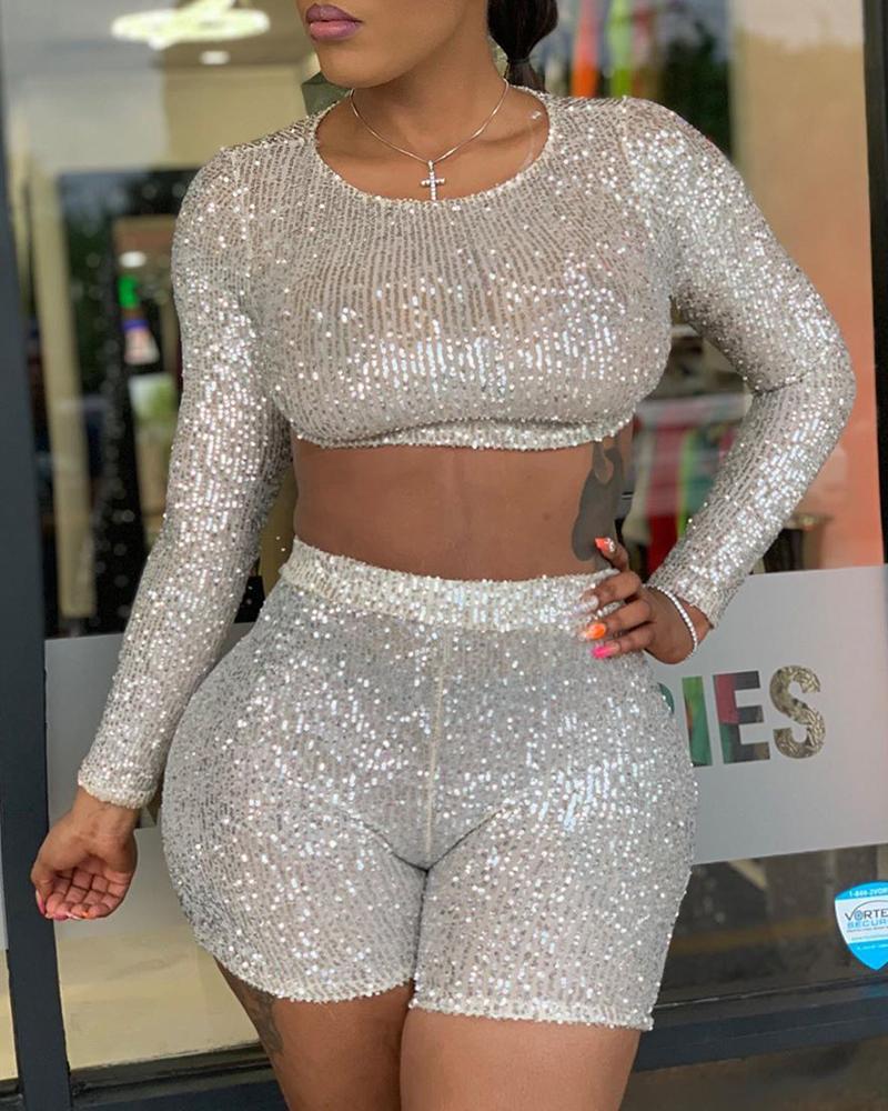 

Sequins Crop Top & Short Sets, Silver