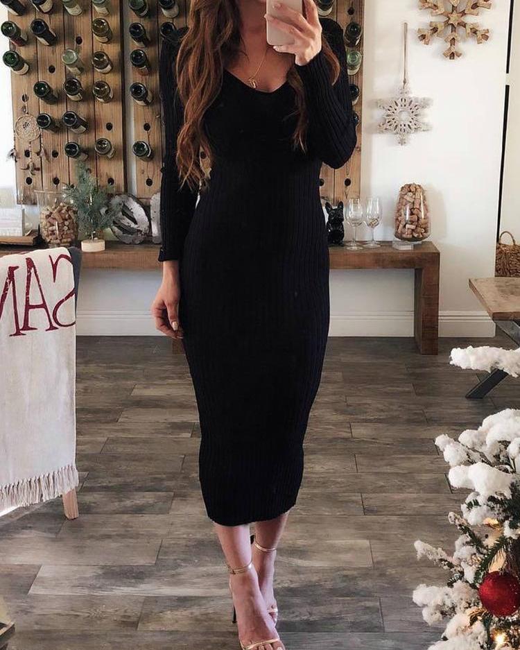 

Solid Double V Long Sleeve Bodycon Dress, Black