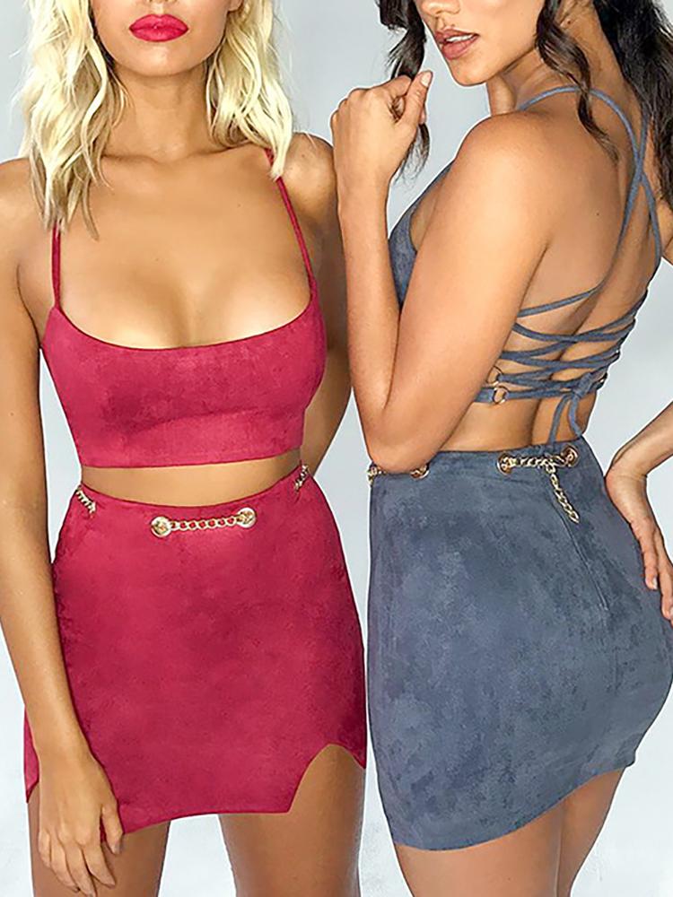 

Lace-Up Back Cami Top & Skirt Set, Wine red