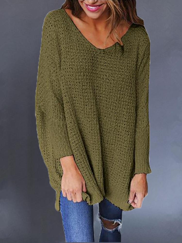 

Solid V-Neck Hollow Out Casual Sweater, Green