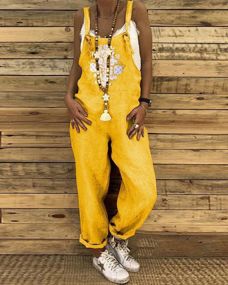 

Printed large size linen cotton jumpsuit, Yellow