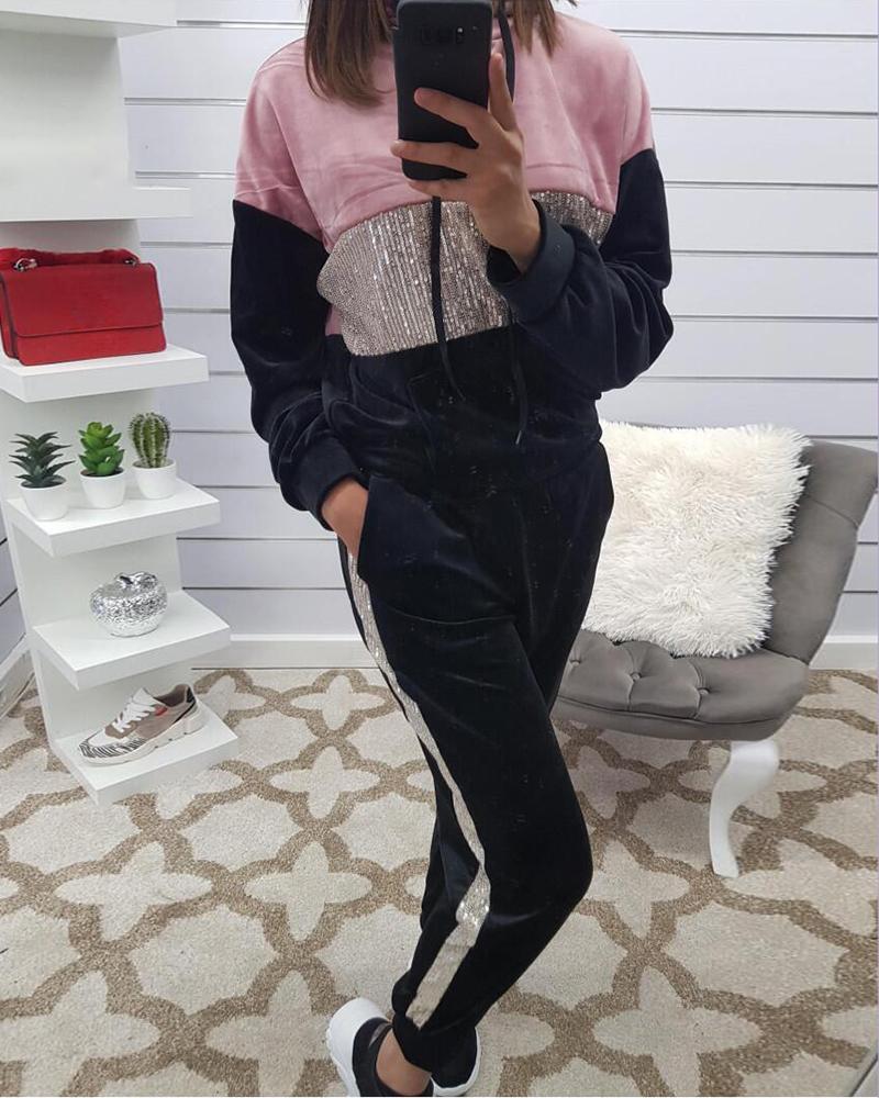 

Colorblock Hooded Drawstring Design Top & Pant Sets, Black