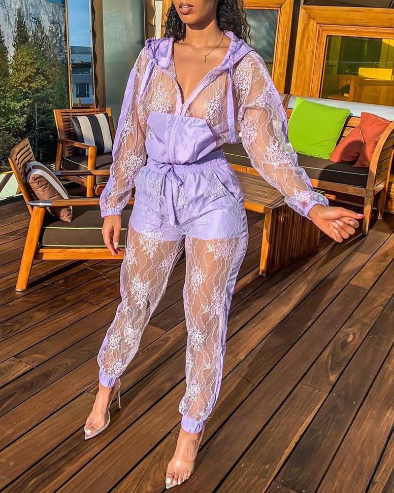 

See Through Lace Jacket & Pants Set, Purple