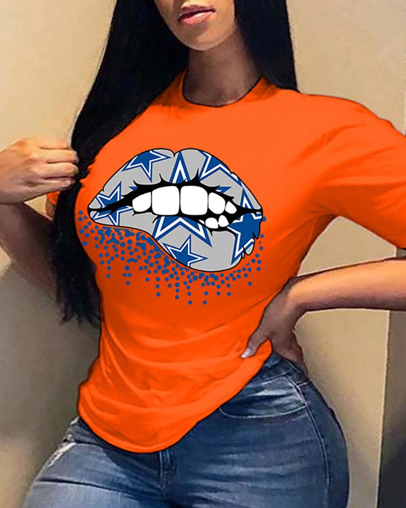 

Lip Star Print Short Sleeve Casual T-shirt, Orange