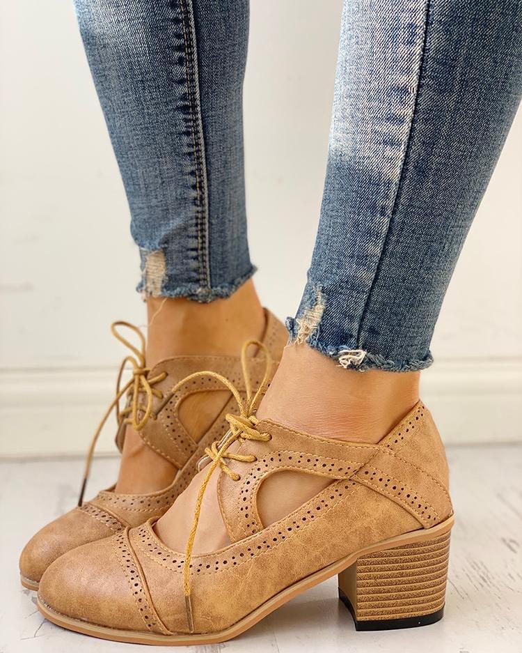 

Lace-Up Cut Out Chunky Heels, Brown