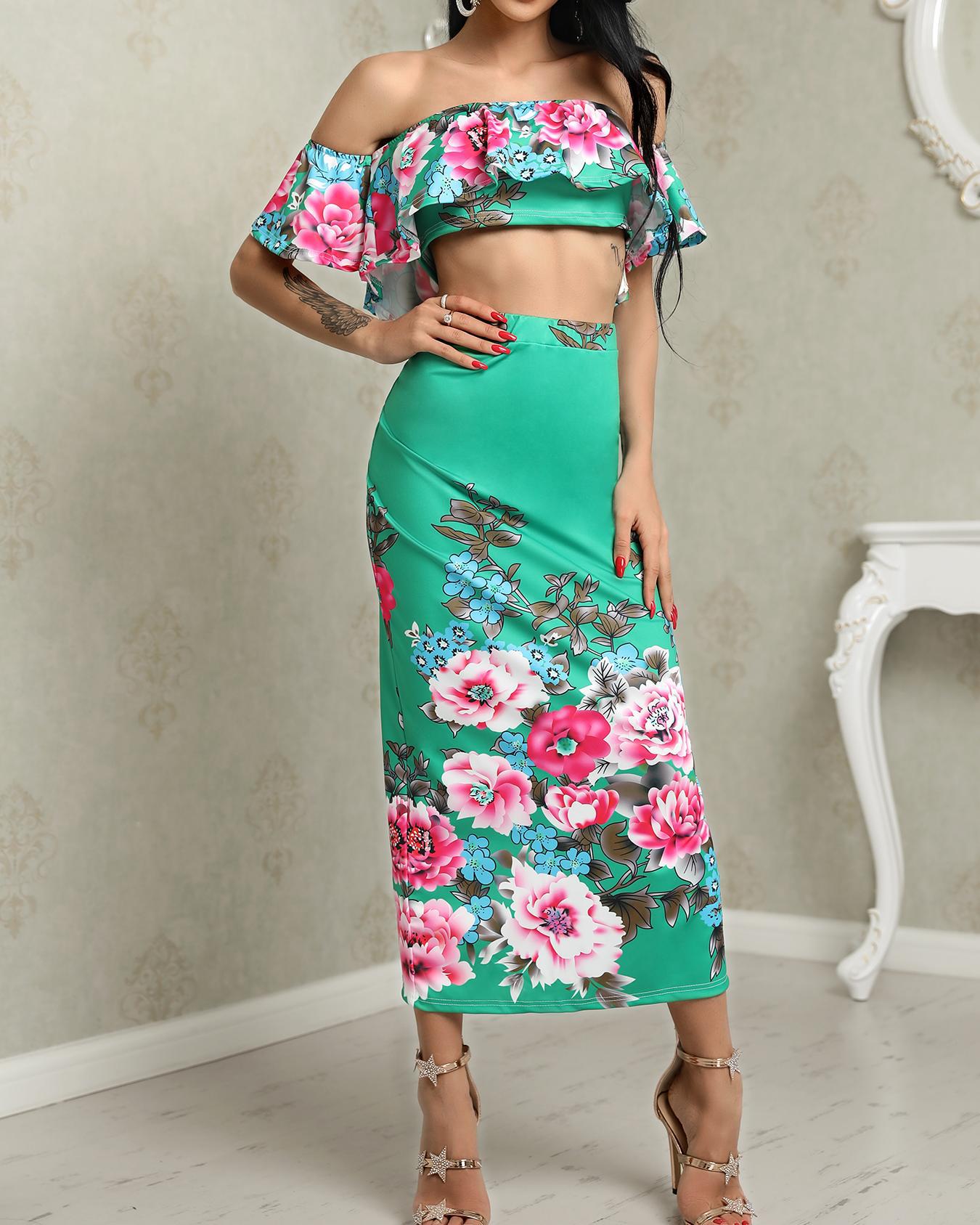 

Floral Print Ruffle Off Shoulder Top & Skirt Set, Green