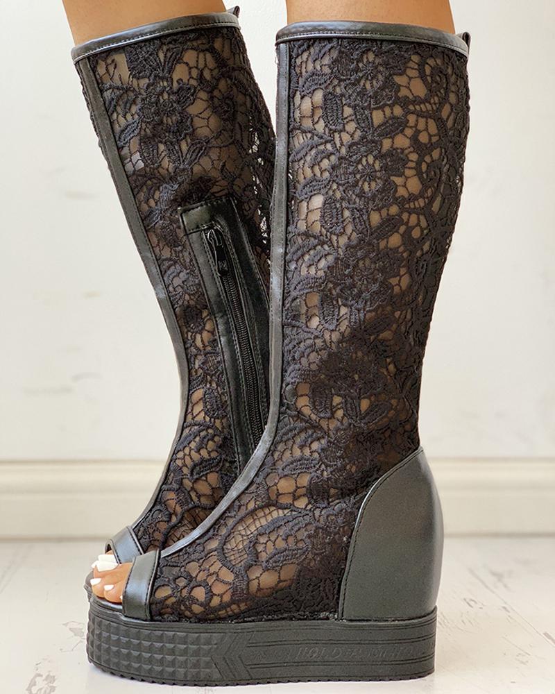 

Eyelash Lace Peep Toe Platform Boots, Black