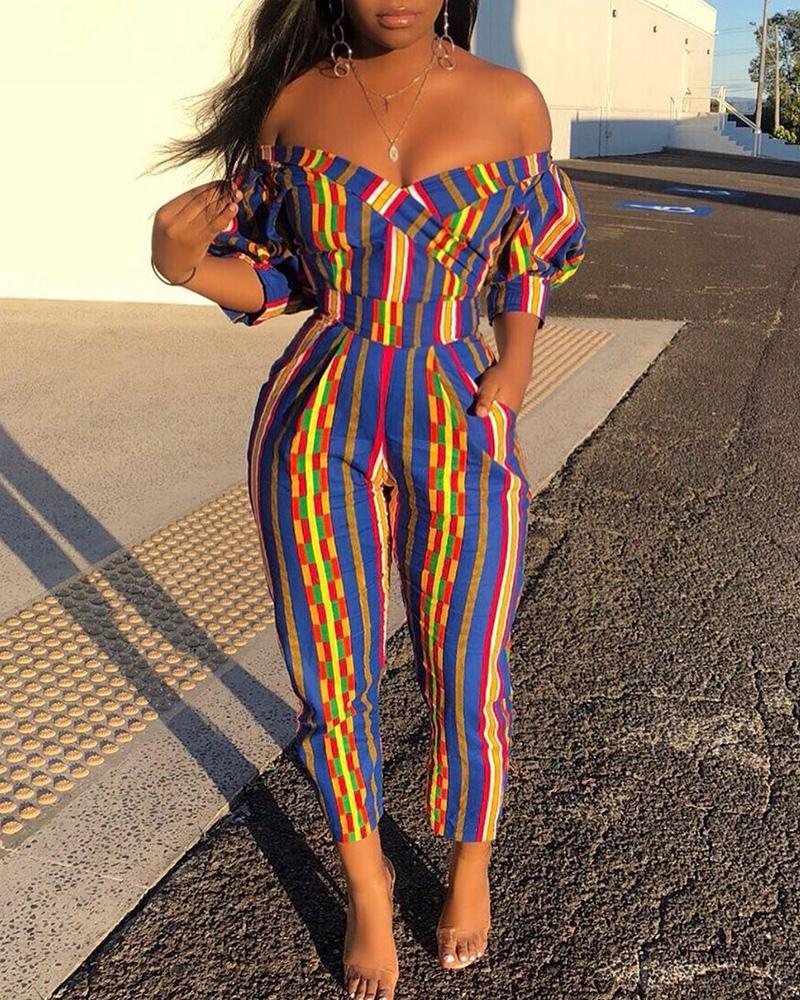 

Colorful Striped Puffed Sleeve Jumpsuit, Multicolor