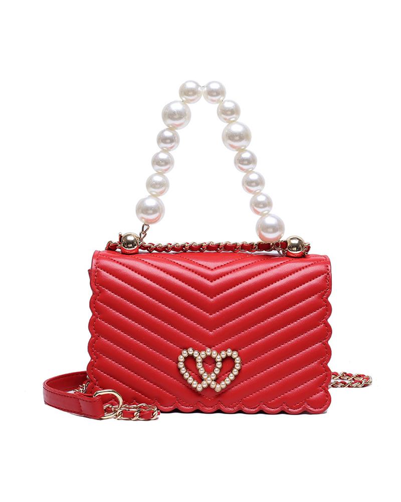 

Baisc Chevron Heart Pattern Beaded Chain Satchel Bag, Red