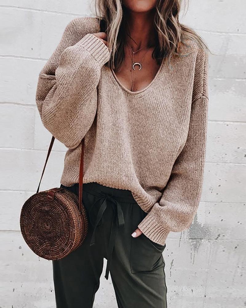 

Solid Long Sleeve V-Neck Casual Sweater, Khaki