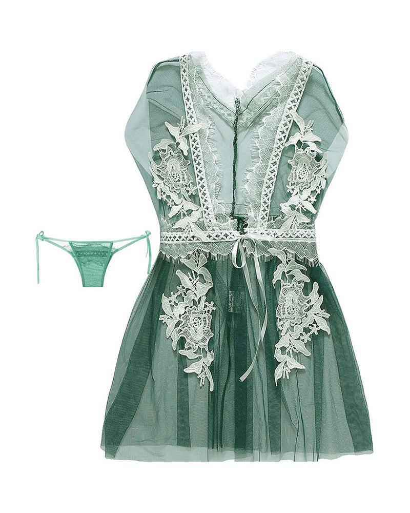 

Lace Detail Mesh Pajama Set, Green