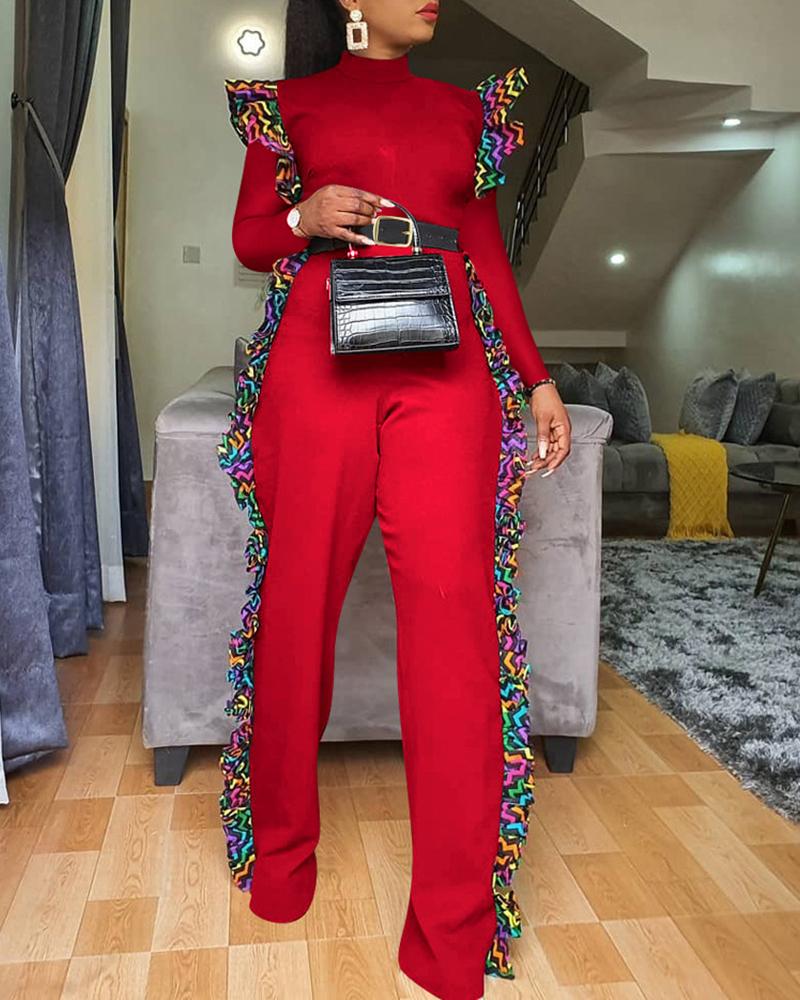

Frill Hem Stripe Print Mock Neck Jumpsuit, Red
