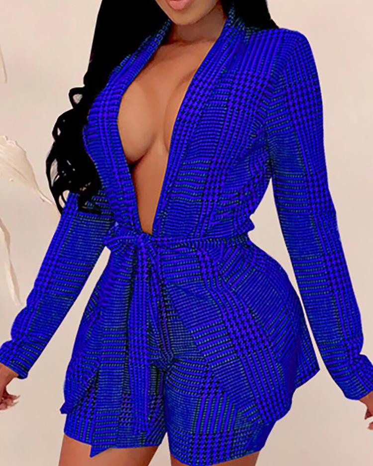 

Plaid Open Front Belted Blazer & Short Sets, Blue