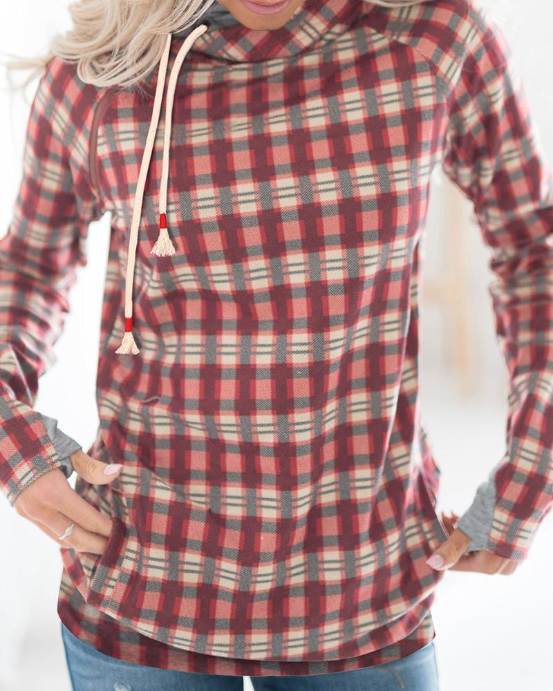 

Plaid Pocket Design Long Sleeve Hoodie, Red