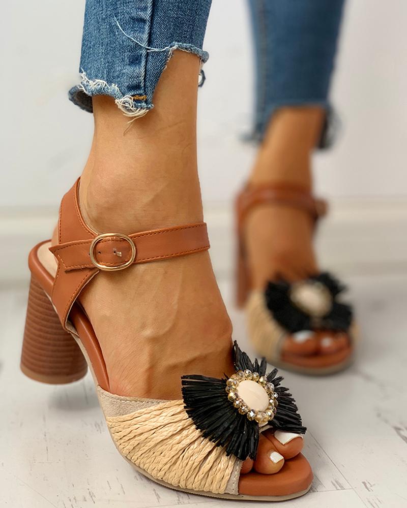 

Peep Toe Ankle Strap Chunky Heeled Sandals, Beige