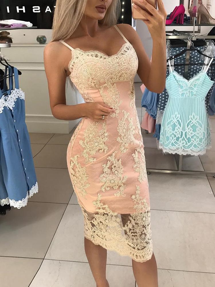 

Spaghetti Strap Crochet Lace Overlay Bodycon Dress, Light pink