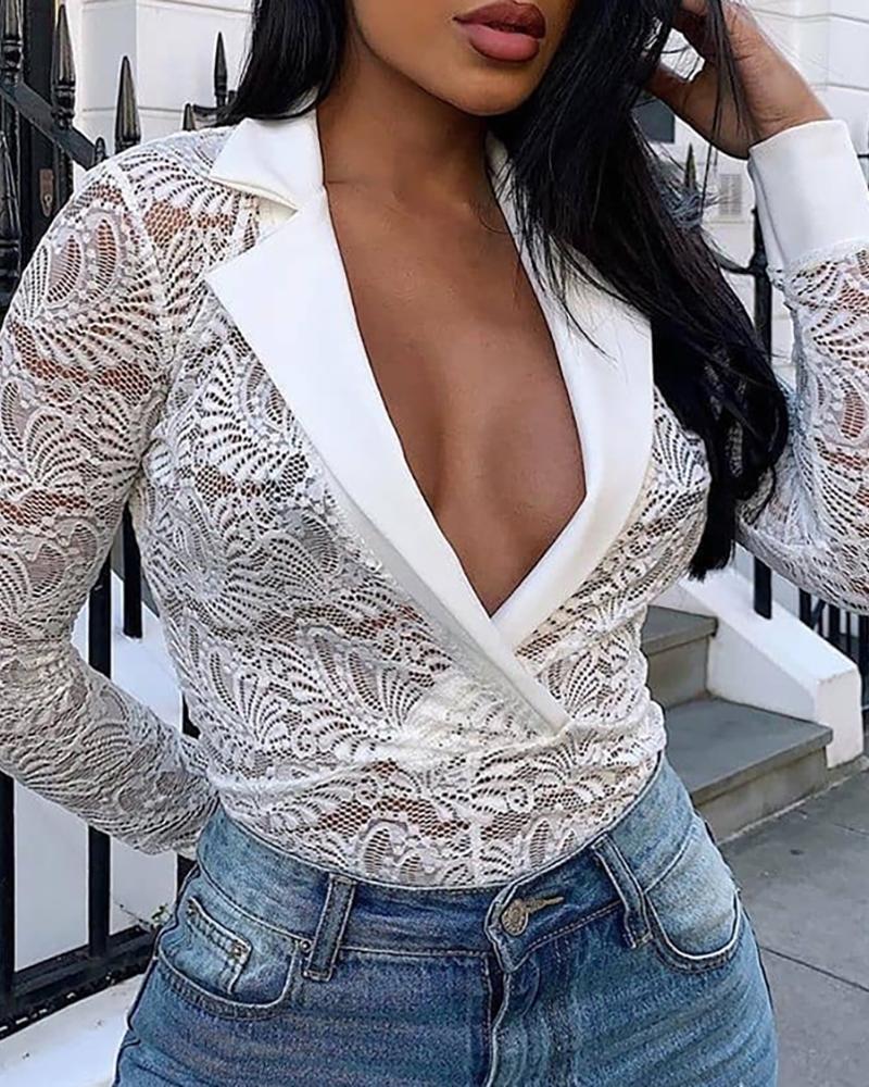 

Eyelash Lace Long Sleeve Plunge Bodysuit, White