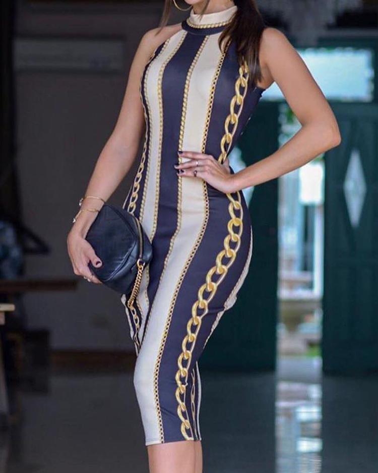 

Chain Print Sleeveless Bodycon Dress, Purplish blue