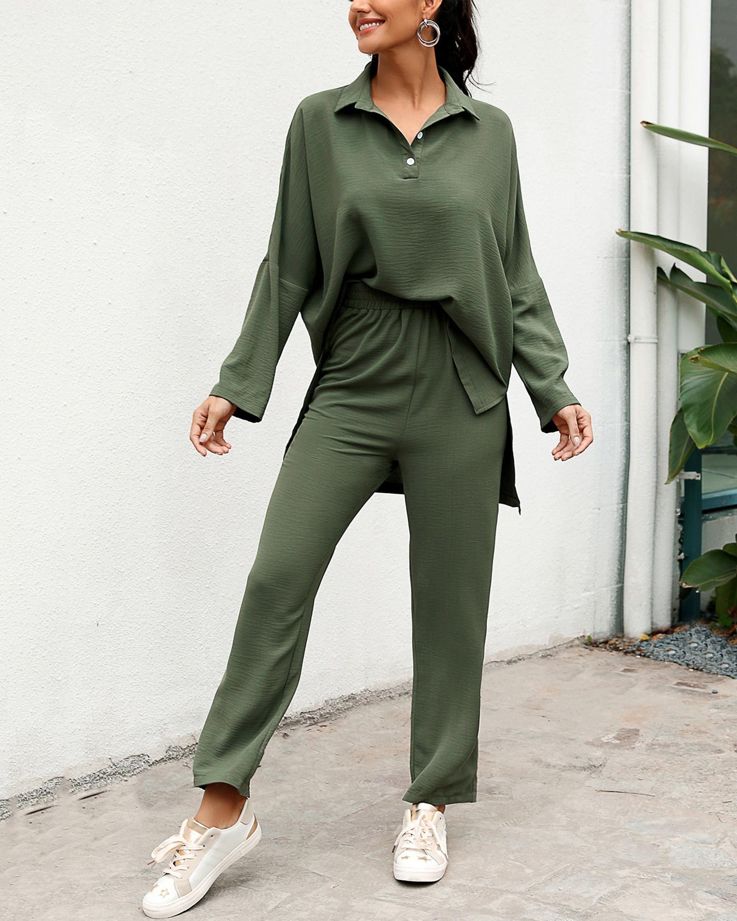 

Solid Long Sleeve Casual Top & Pant Set, Army green