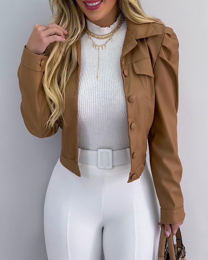 

PU Leather Ruched Crop Coat, Brown