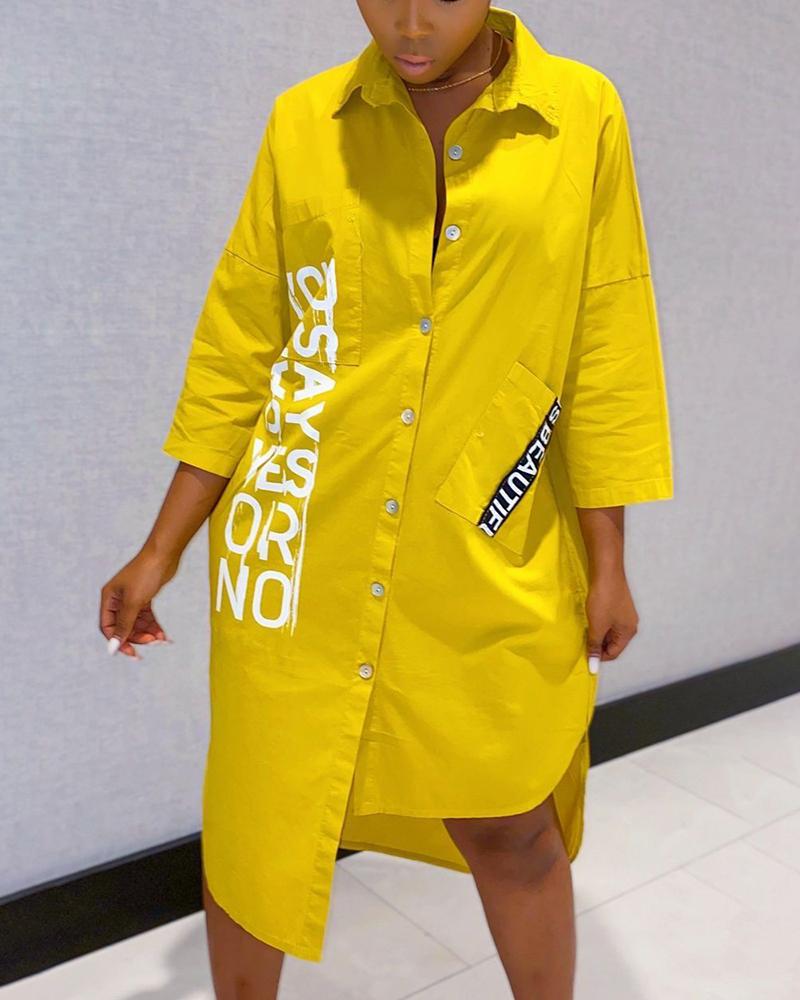 

Letter Print Bottoned Design Shirt Dress, Yellow