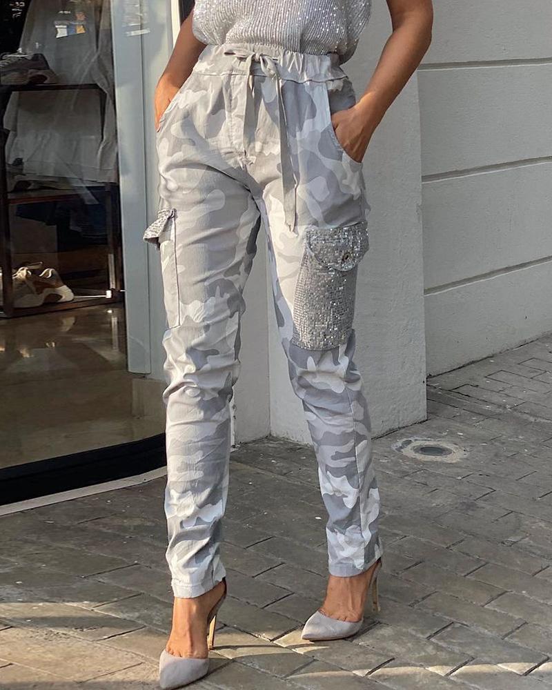 

Camouflage Print Sequins Drawstring Pants, Gray