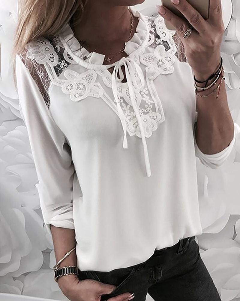 

Lace Insert Frill Hem Casual Blouse, White