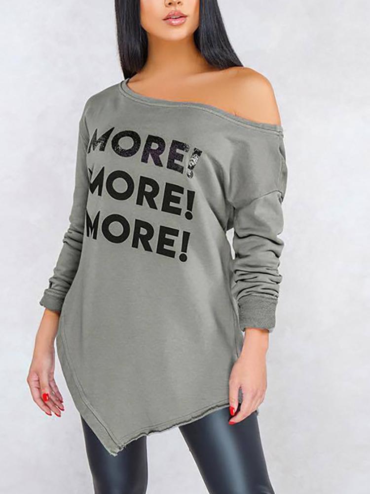 

Letter Print Skew Neck Irregular Sweatshirt, Gray