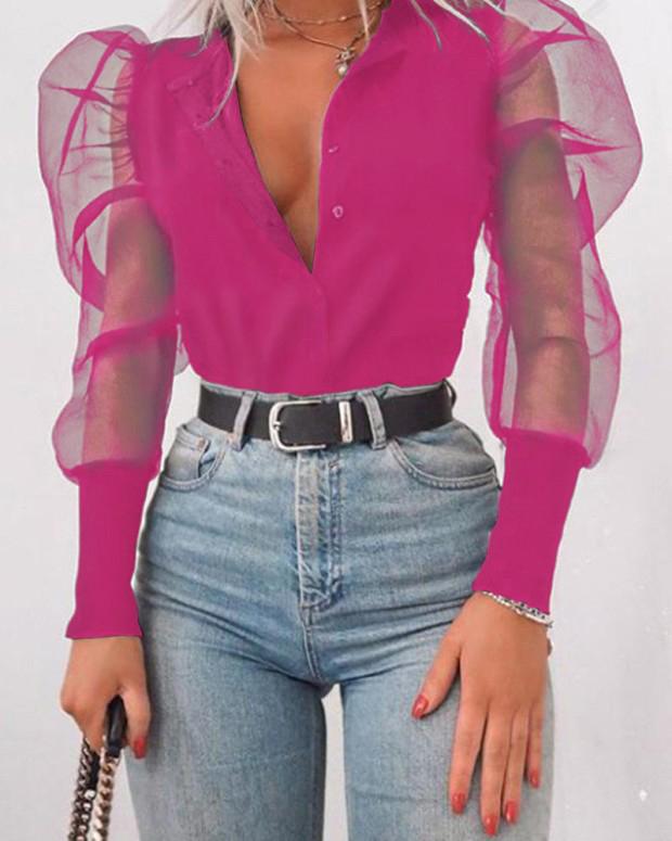 

V-neck Black Leg-of-Mutton Sleeve Top, Hot pink