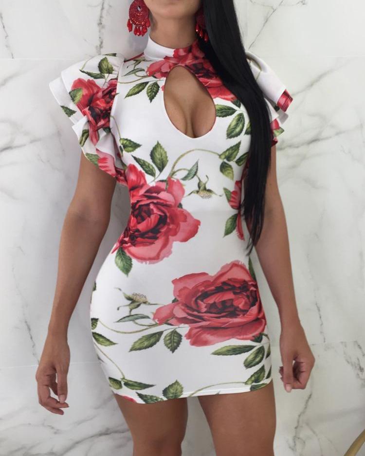 

Floral Flutter Sleeve Cutout Front Sheath Dress