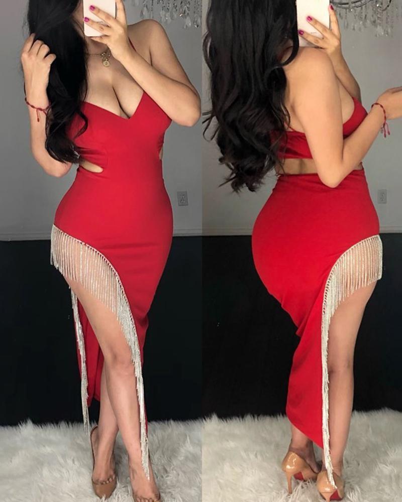 

Tassel Cut Out Irregular Midi Dress, Red