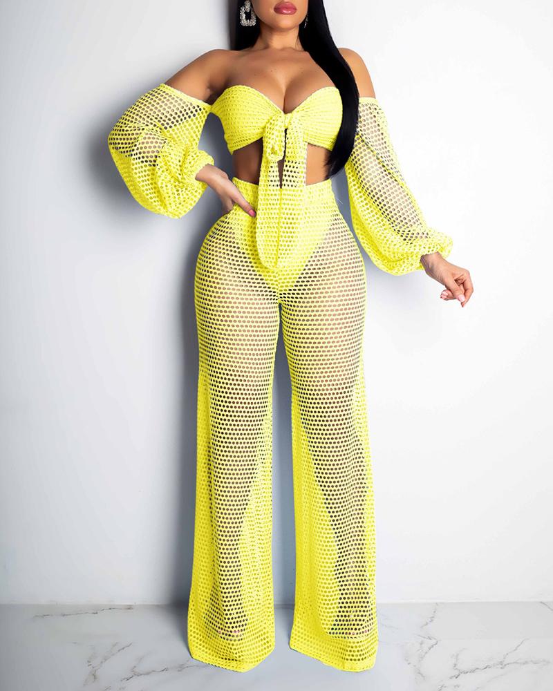 

Sheer Off Shoulder Fishnet Crop Top & Pant Sets, Yellow