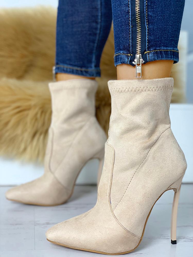

Suede Point Toe Thin Heeled Boots, Apricot
