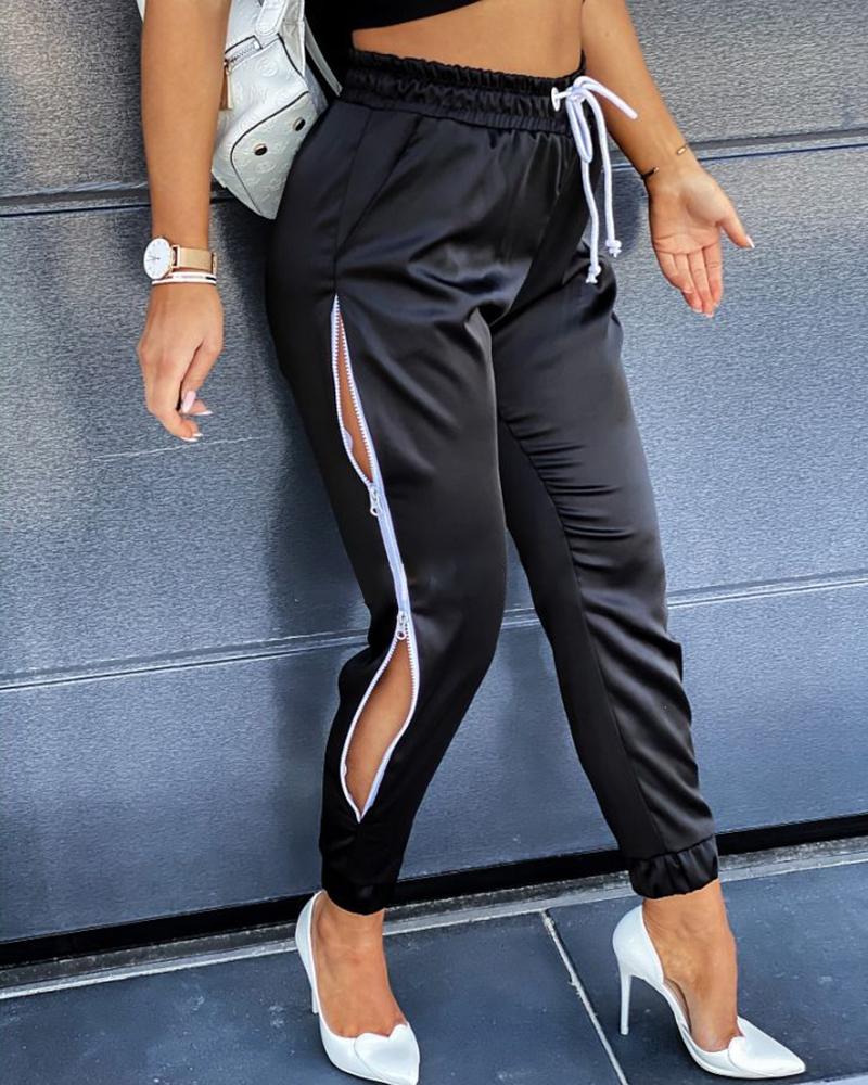 

Zipper Design Solid Pant, Black
