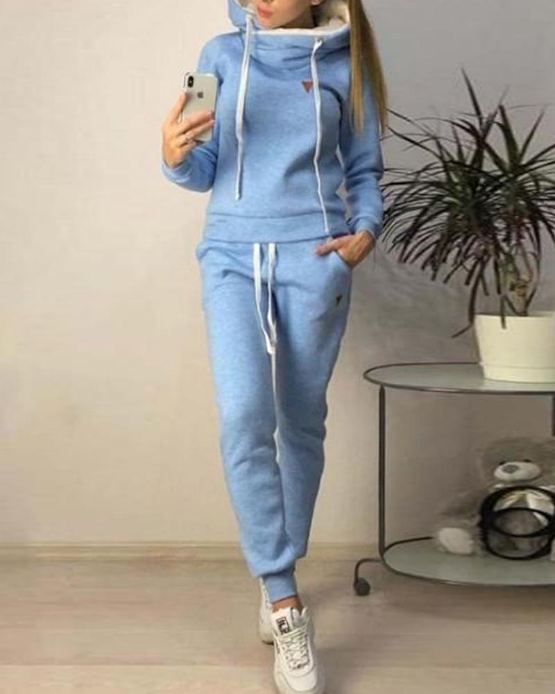 

Solid Hooded Faux Fleece Tracksuit, Blue