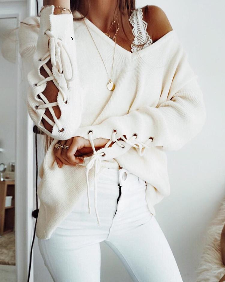 

V Neck Lace-up Sleeve Loose Sweater