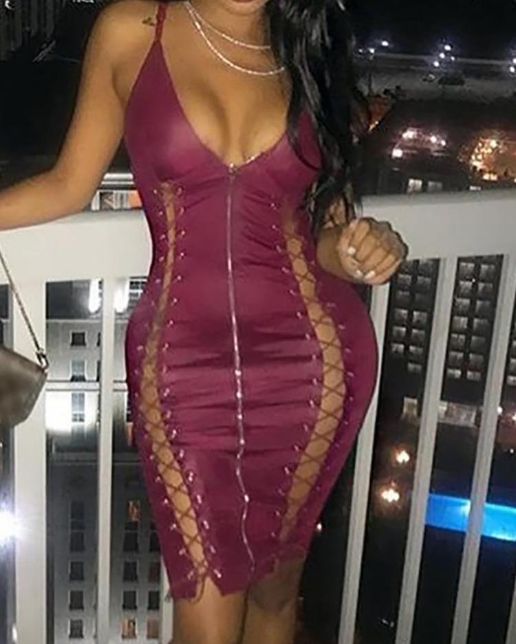 

Spaghetti Strap Zipper Front Lace-up Midi Dress, Red